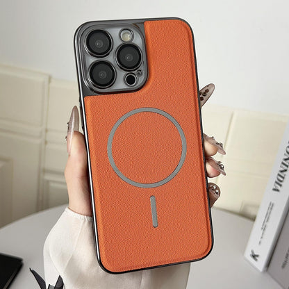 For iPhone 13 Pro Max Electroplated Magnetic Ring PC + Vegan Leather Phone Case - Orange - EDA009688313E