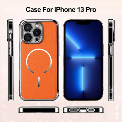 For iPhone 13 Pro Electroplated Magnetic Ring PC + Vegan Leather Phone Case - Black - EDA009688314A