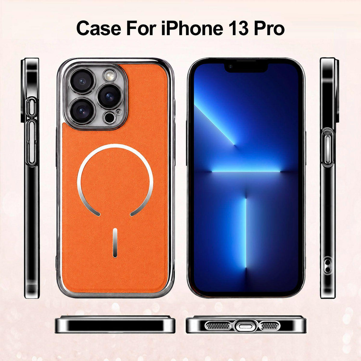 For iPhone 13 Pro Electroplated Magnetic Ring PC + Vegan Leather Phone Case - White - EDA009688314C