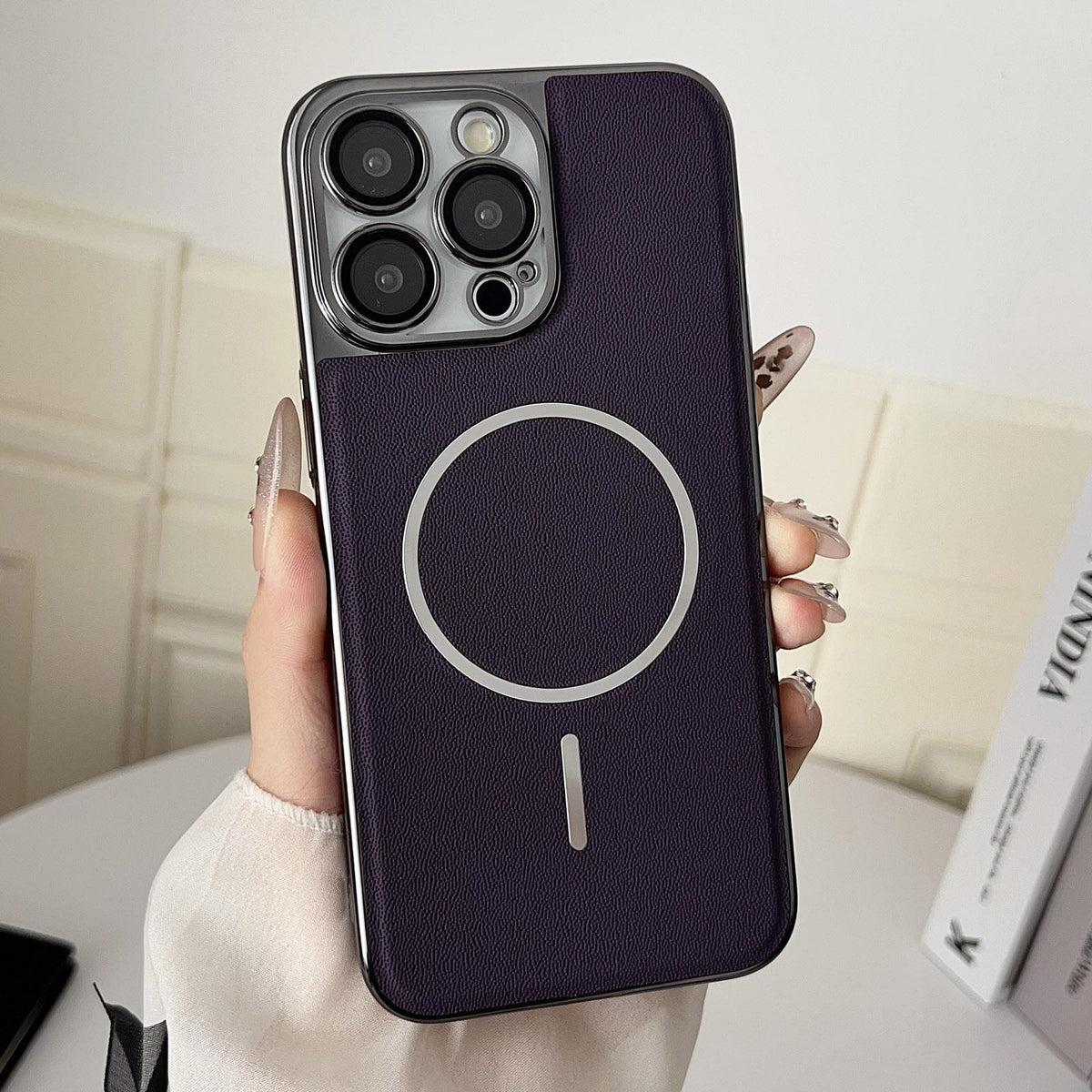 For iPhone 13 Pro Electroplated Magnetic Ring PC + Vegan Leather Phone Case - Purple - EDA009688314D