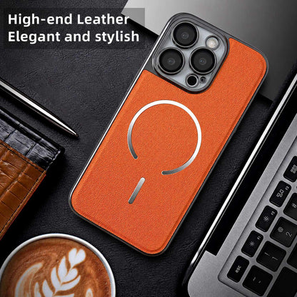 For iPhone 13 Pro Electroplated Magnetic Ring PC + Vegan Leather Phone Case - Red - EDA009688314F