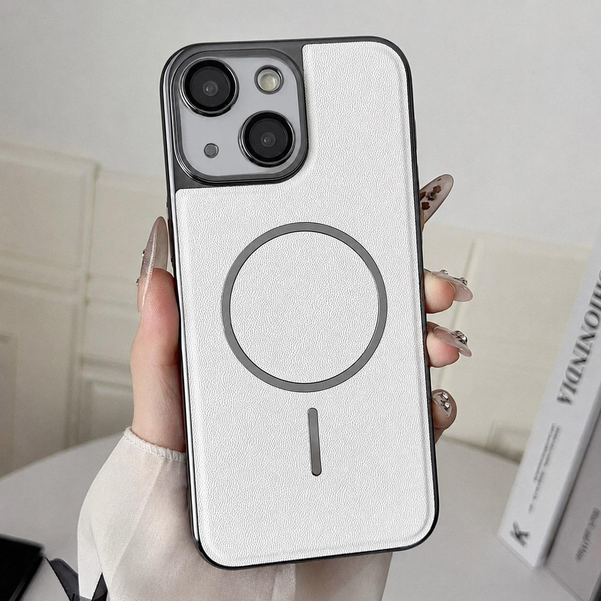 For iPhone 13 Electroplated Magnetic Ring PC + Vegan Leather Phone Case - White - EDA009688315C