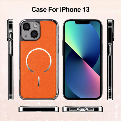 For iPhone 13 Electroplated Magnetic Ring PC + Vegan Leather Phone Case - White - EDA009688315C