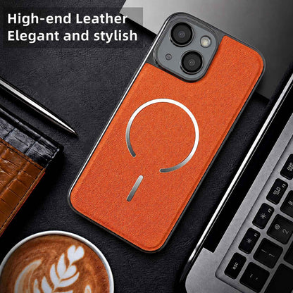 For iPhone 13 Electroplated Magnetic Ring PC + Vegan Leather Phone Case - Purple - EDA009688315D