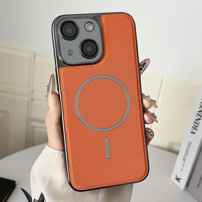 For iPhone 13 Electroplated Magnetic Ring PC + Vegan Leather Phone Case - Orange - EDA009688315E