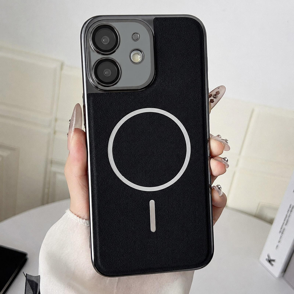 For iPhone 12 Electroplated Magnetic Ring PC + Vegan Leather Phone Case - Black - EDA009688316A