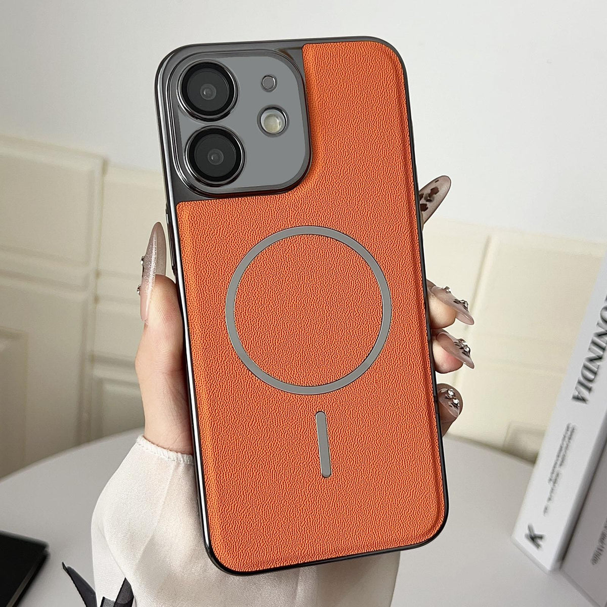 For iPhone 12 Electroplated Magnetic Ring PC + Vegan Leather Phone Case - Orange - EDA009688316E