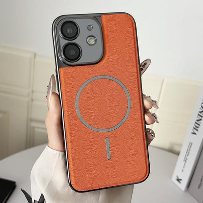 For iPhone 12 Electroplated Magnetic Ring PC + Vegan Leather Phone Case - Orange - EDA009688316E
