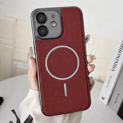 For iPhone 12 Electroplated Magnetic Ring PC + Vegan Leather Phone Case - Red - EDA009688316F