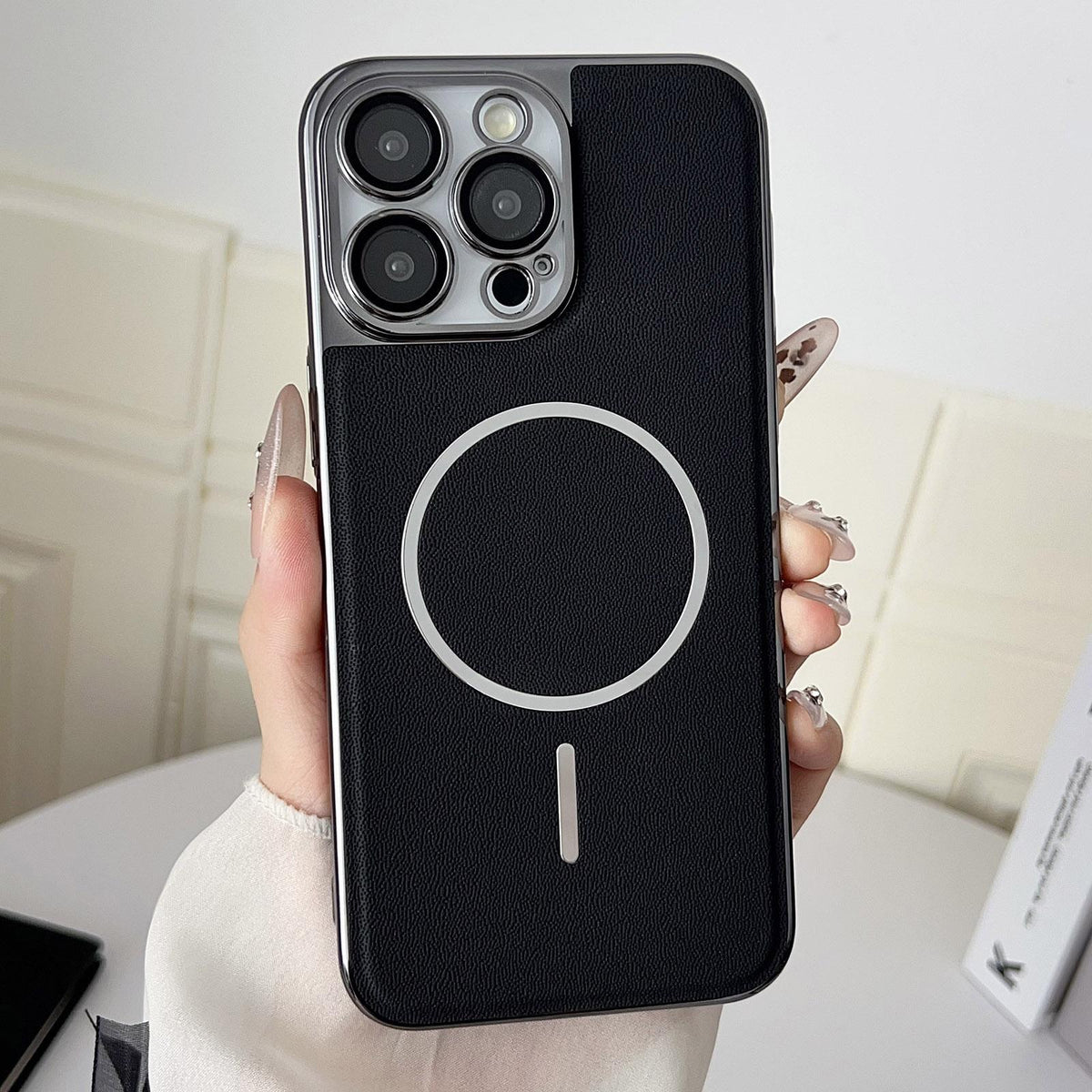 For iPhone 12 Pro Max Electroplated Magnetic Ring PC + Vegan Leather Phone Case - Black - EDA009688317A