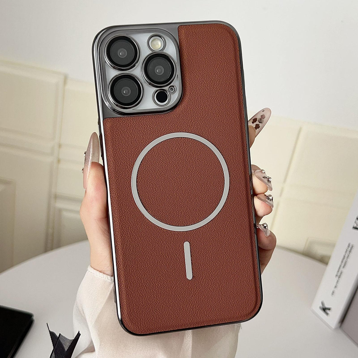 For iPhone 12 Pro Max Electroplated Magnetic Ring PC + Vegan Leather Phone Case - Brown - EDA009688317B