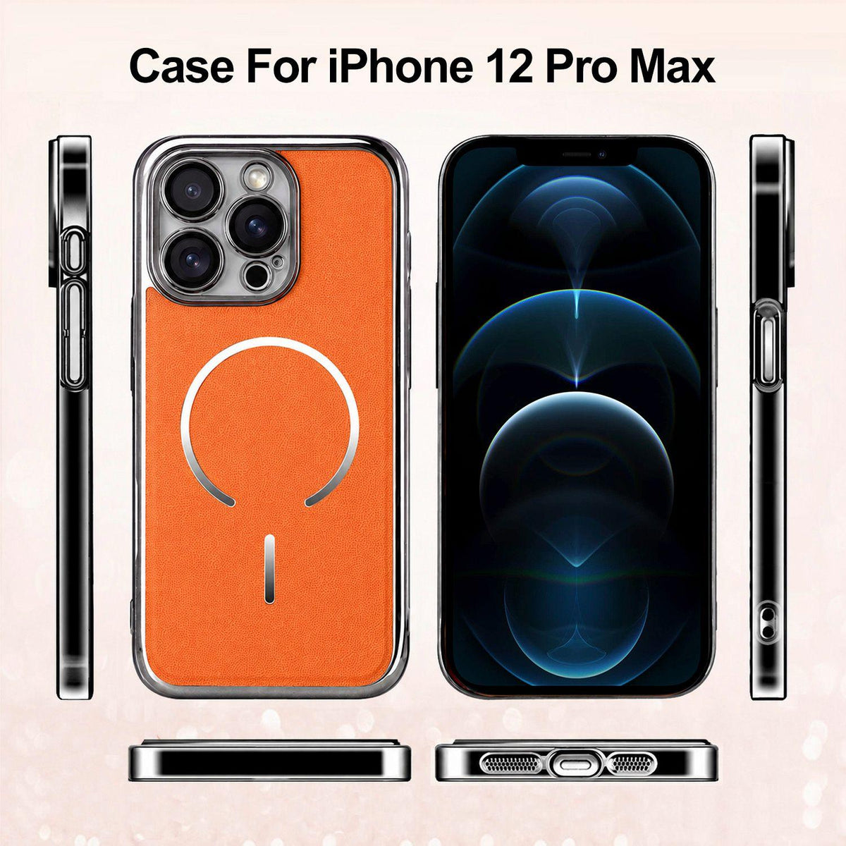 For iPhone 12 Pro Max Electroplated Magnetic Ring PC + Vegan Leather Phone Case - Brown - EDA009688317B