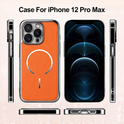 For iPhone 12 Pro Max Electroplated Magnetic Ring PC + Vegan Leather Phone Case - Brown - EDA009688317B