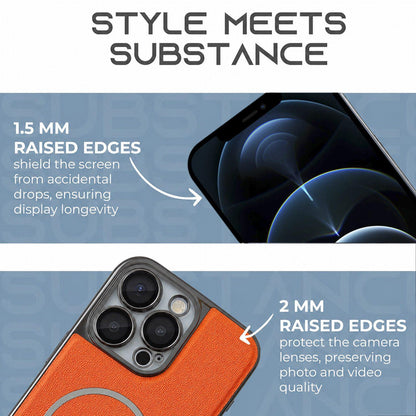 For iPhone 12 Pro Max Electroplated Magnetic Ring PC + Vegan Leather Phone Case - Orange - EDA009688317E