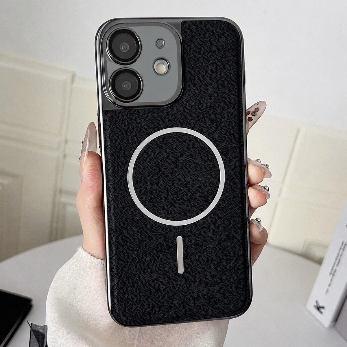 For iPhone 11 Electroplated Magnetic Ring PC + Vegan Leather Phone Case - Black - EDA009688319A