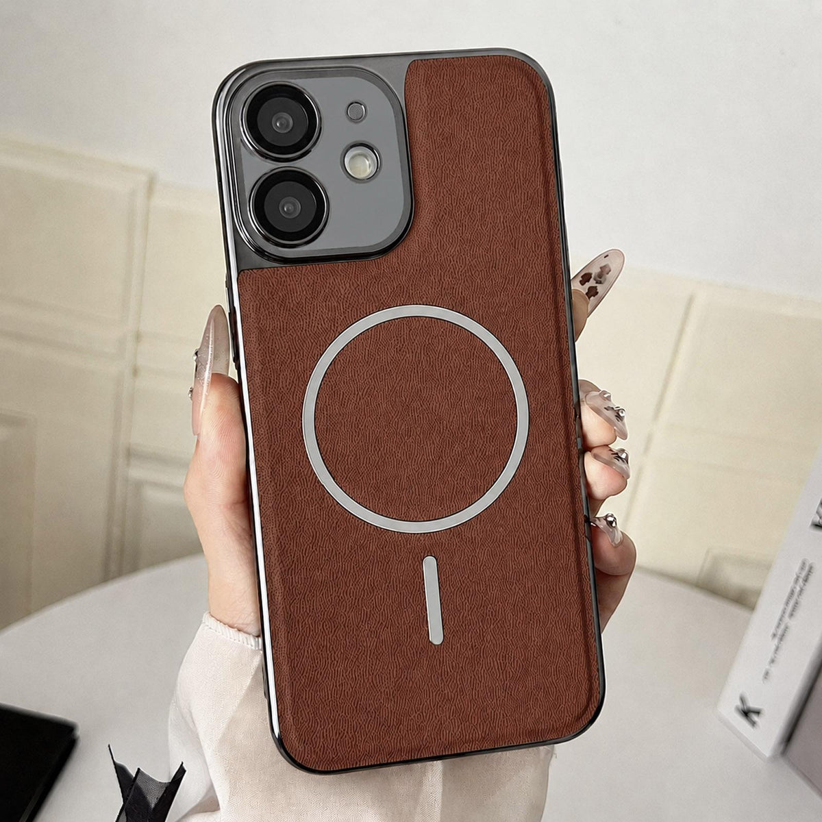 For iPhone 11 Electroplated Magnetic Ring PC + Vegan Leather Phone Case - Brown - EDA009688319B