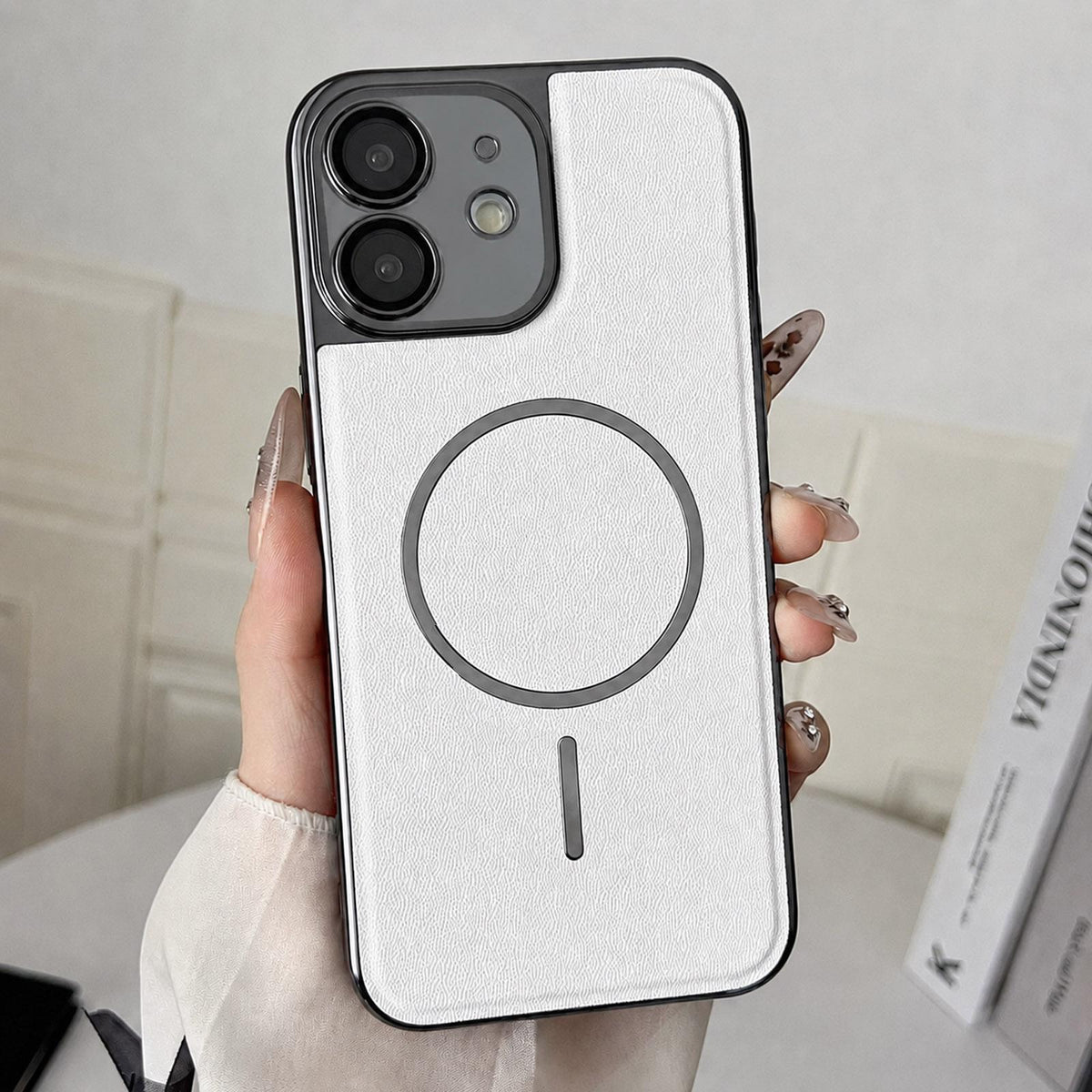 For iPhone 11 Electroplated Magnetic Ring PC + Vegan Leather Phone Case - White - EDA009688319C