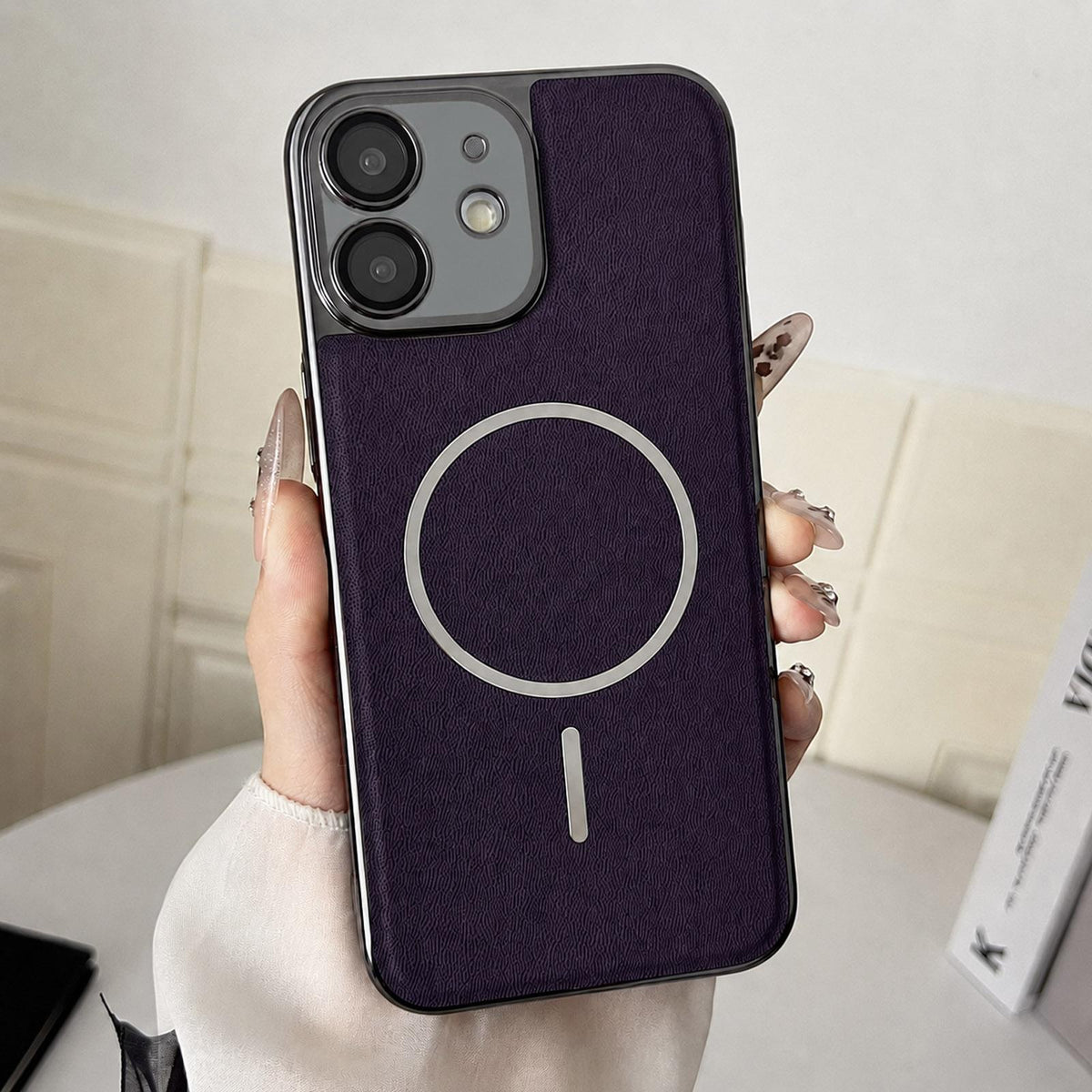For iPhone 11 Electroplated Magnetic Ring PC + Vegan Leather Phone Case - Purple - EDA009688319D