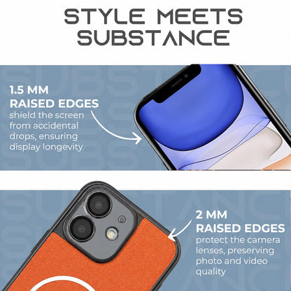 For iPhone 11 Electroplated Magnetic Ring PC + Vegan Leather Phone Case - Orange - EDA009688319E
