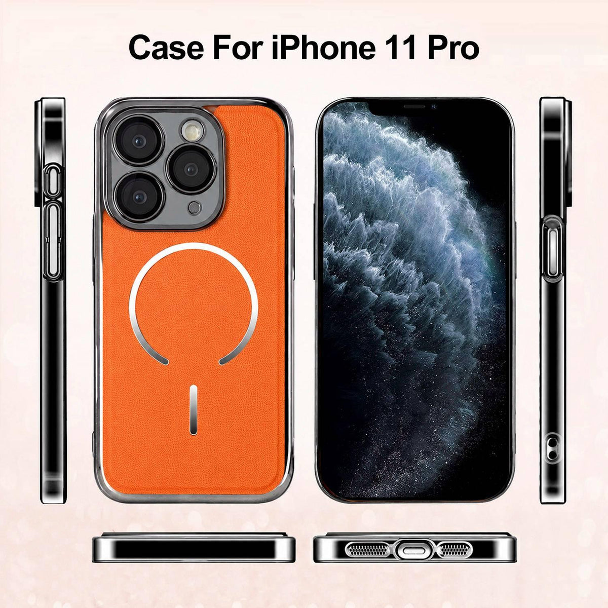 For iPhone 11 Pro Electroplated Magnetic Ring PC + Vegan Leather Phone Case - Black - EDA009688320A