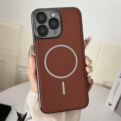 For iPhone 11 Pro Electroplated Magnetic Ring PC + Vegan Leather Phone Case - Brown - EDA009688320B