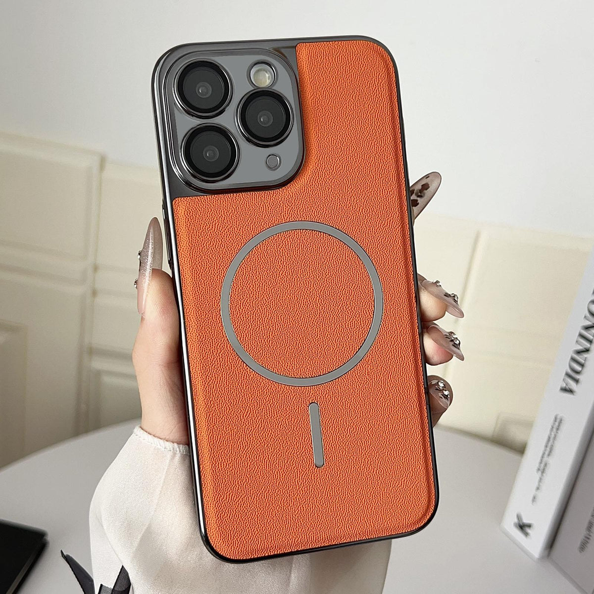 For iPhone 11 Pro Electroplated Magnetic Ring PC + Vegan Leather Phone Case - Orange - EDA009688320E