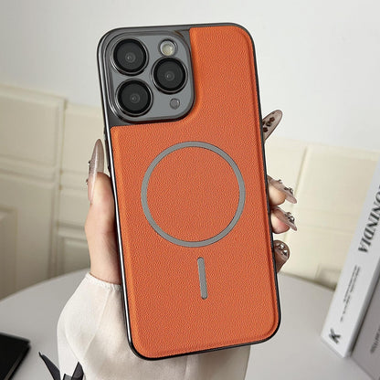 For iPhone 11 Pro Electroplated Magnetic Ring PC + Vegan Leather Phone Case - Orange - EDA009688320E