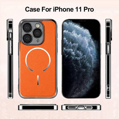 For iPhone 11 Pro Electroplated Magnetic Ring PC + Vegan Leather Phone Case - Orange - EDA009688320E