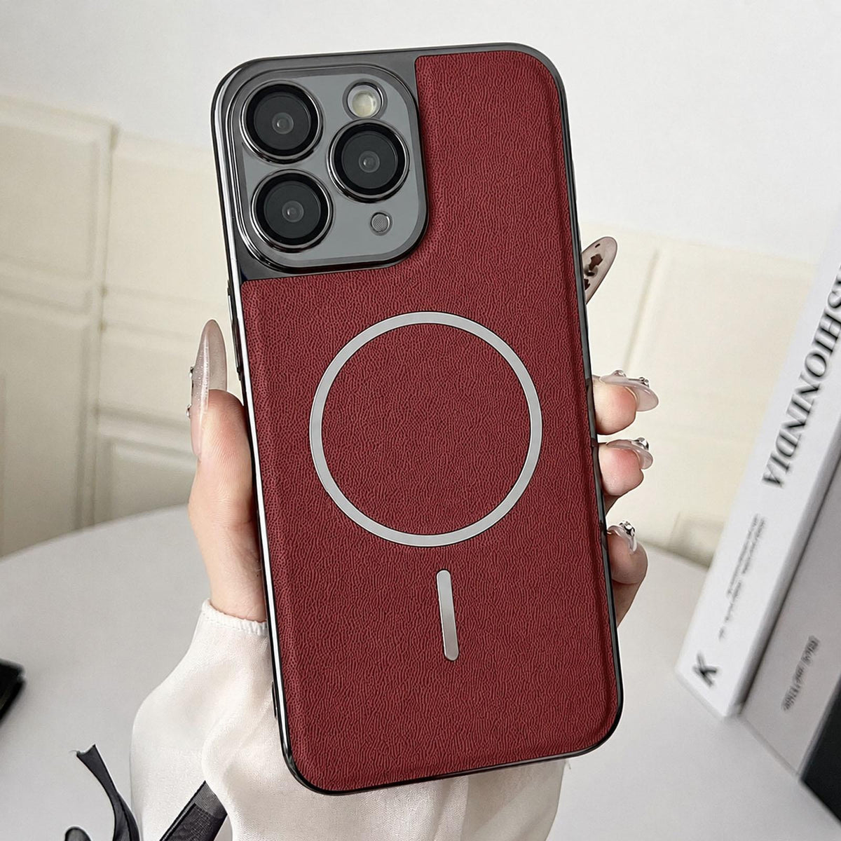 For iPhone 11 Pro Electroplated Magnetic Ring PC + Vegan Leather Phone Case - Red - EDA009688320F