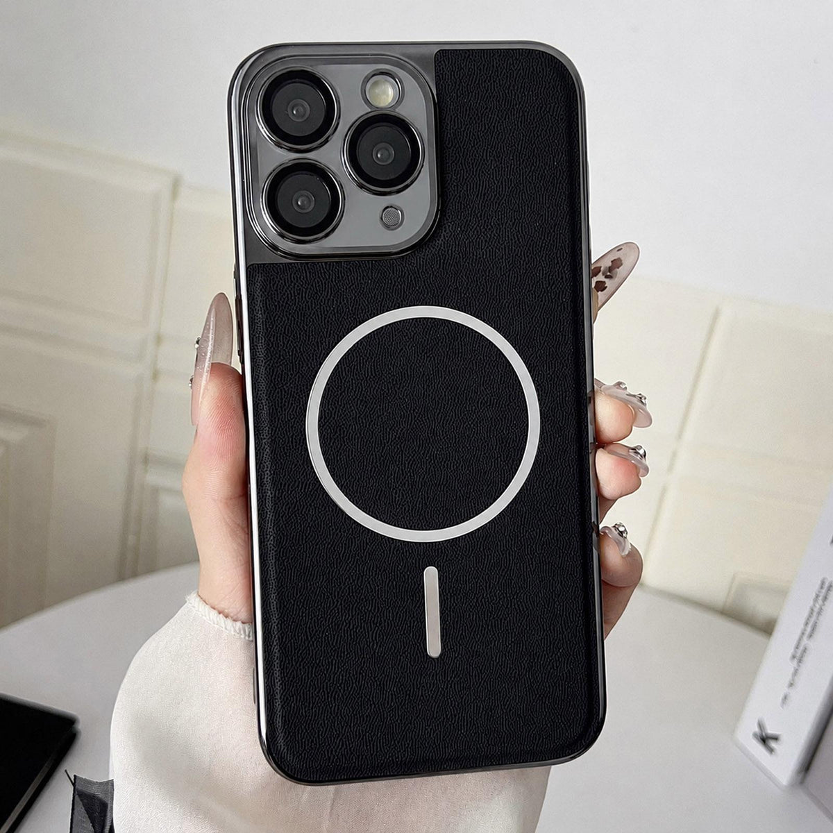 For iPhone 11 Pro Max Electroplated Magnetic Ring PC + Vegan Leather Phone Case - Black - EDA009688321A
