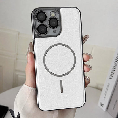 For iPhone 11 Pro Max Electroplated Magnetic Ring PC + Vegan Leather Phone Case - White - EDA009688321C