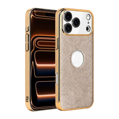 For iPhone 17 Pro Max Cowhide Texture Electroplated Frame PC + Vegan Leather Phone Case - Beige - EDA009689001C