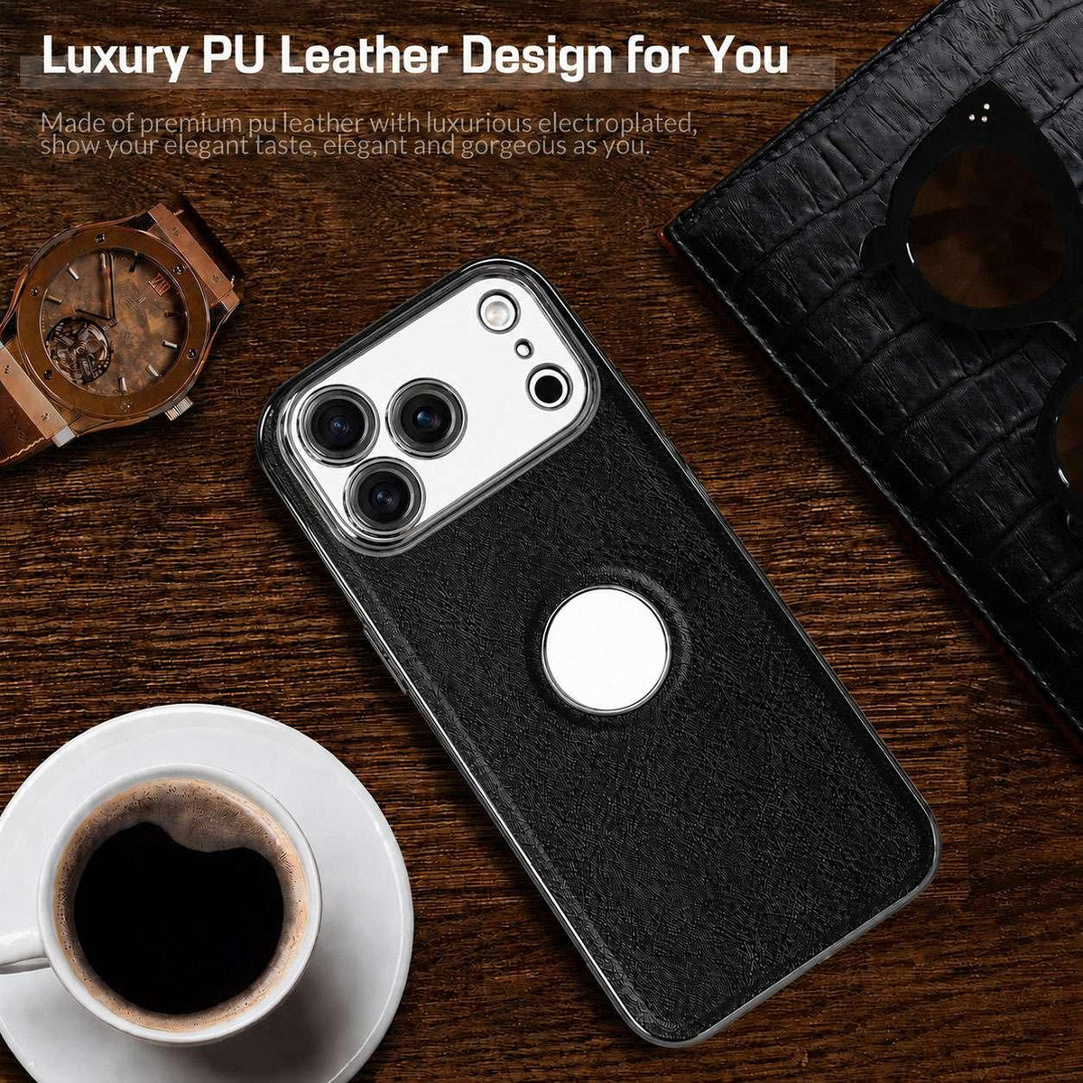 For iPhone 17 Pro Max Cowhide Texture Electroplated Frame PC + Vegan Leather Phone Case - Beige - EDA009689001C