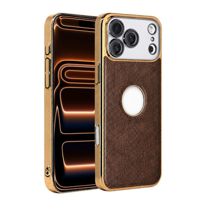 For iPhone 17 Pro Max Cowhide Texture Electroplated Frame PC + Vegan Leather Phone Case - Brown - EDA009689001D