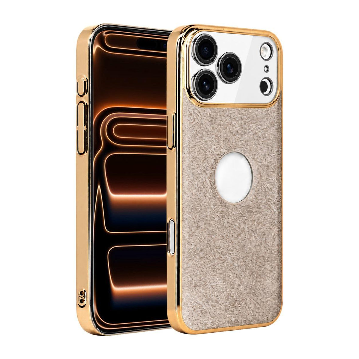 For iPhone 17 Pro Cowhide Texture Electroplated Frame PC + Vegan Leather Phone Case - Beige - EDA009689002C