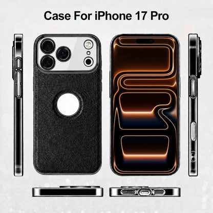 For iPhone 17 Pro Cowhide Texture Electroplated Frame PC + Vegan Leather Phone Case - Beige - EDA009689002C