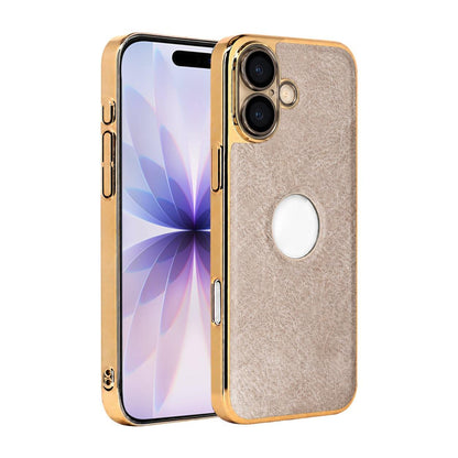 For iPhone 17 Cowhide Texture Electroplated Frame PC + Vegan Leather Phone Case - Beige - EDA009689003C