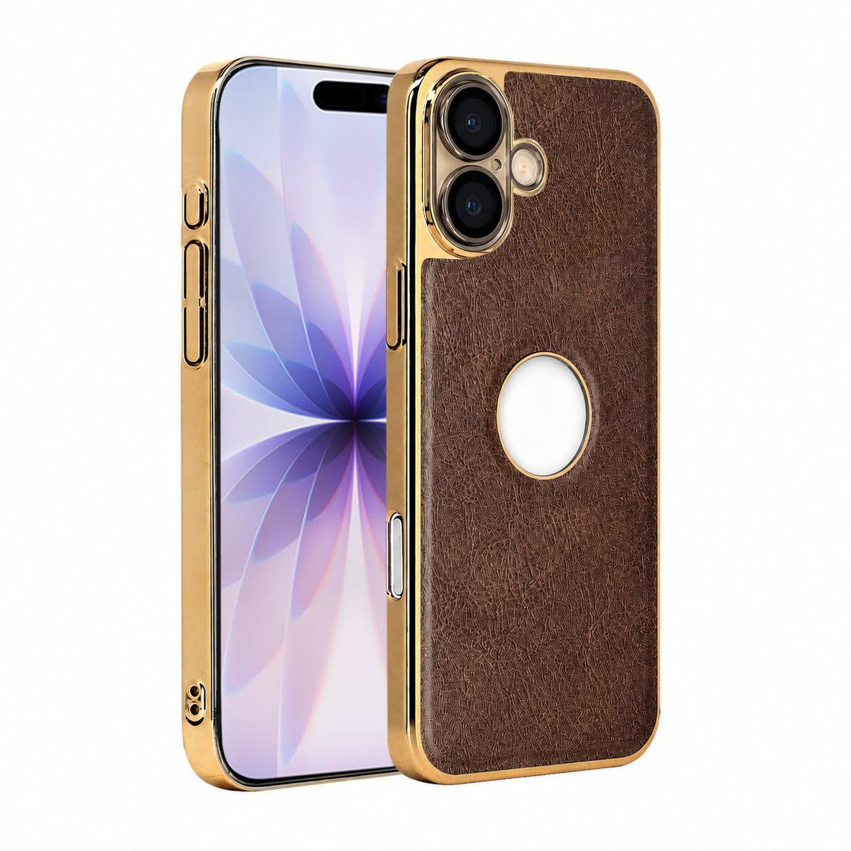 For iPhone 17 Cowhide Texture Electroplated Frame PC + Vegan Leather Phone Case - Brown - EDA009689003D