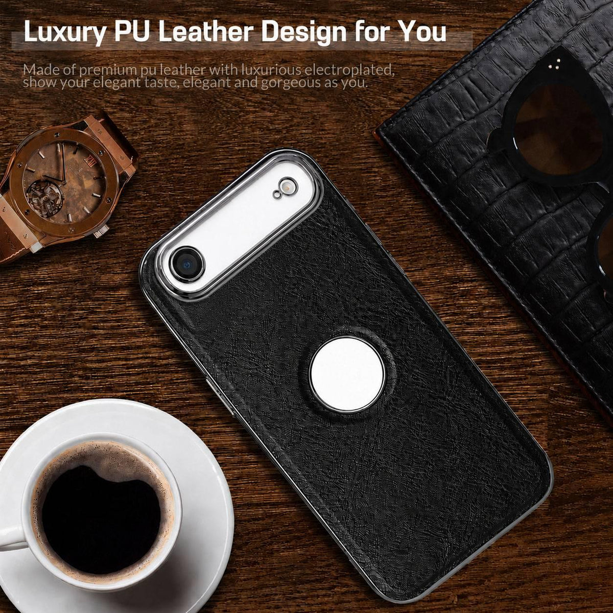 For iPhone Air Cowhide Texture Electroplated Frame PC + Vegan Leather Phone Case - Black - EDA009689004A