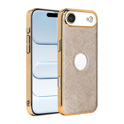 For iPhone Air Cowhide Texture Electroplated Frame PC + Vegan Leather Phone Case - Beige - EDA009689004C