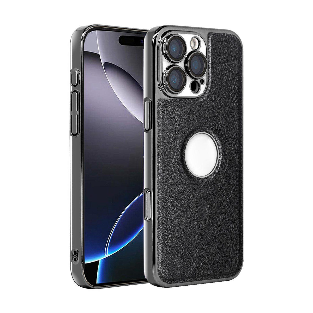 For iPhone 16 Pro Max Cowhide Texture Electroplated Frame PC + Vegan Leather Phone Case - Black - EDA009689005A