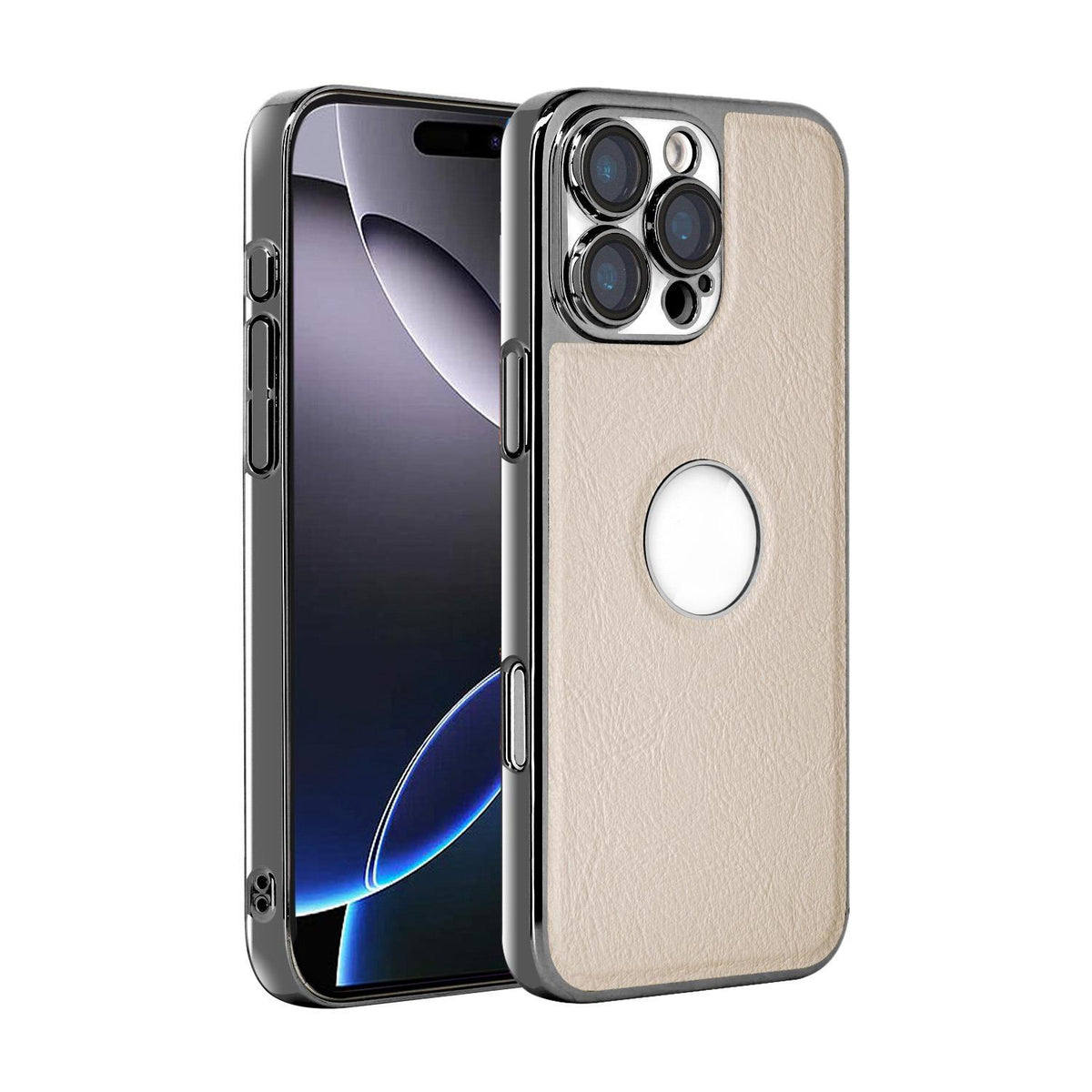 For iPhone 16 Pro Max Cowhide Texture Electroplated Frame PC + Vegan Leather Phone Case - White - EDA009689005B