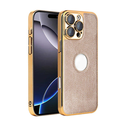 For iPhone 16 Pro Max Cowhide Texture Electroplated Frame PC + Vegan Leather Phone Case - Beige - EDA009689005C