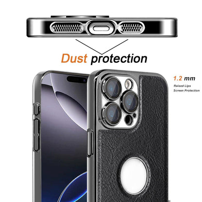 For iPhone 16 Pro Max Cowhide Texture Electroplated Frame PC + Vegan Leather Phone Case - Beige - EDA009689005C