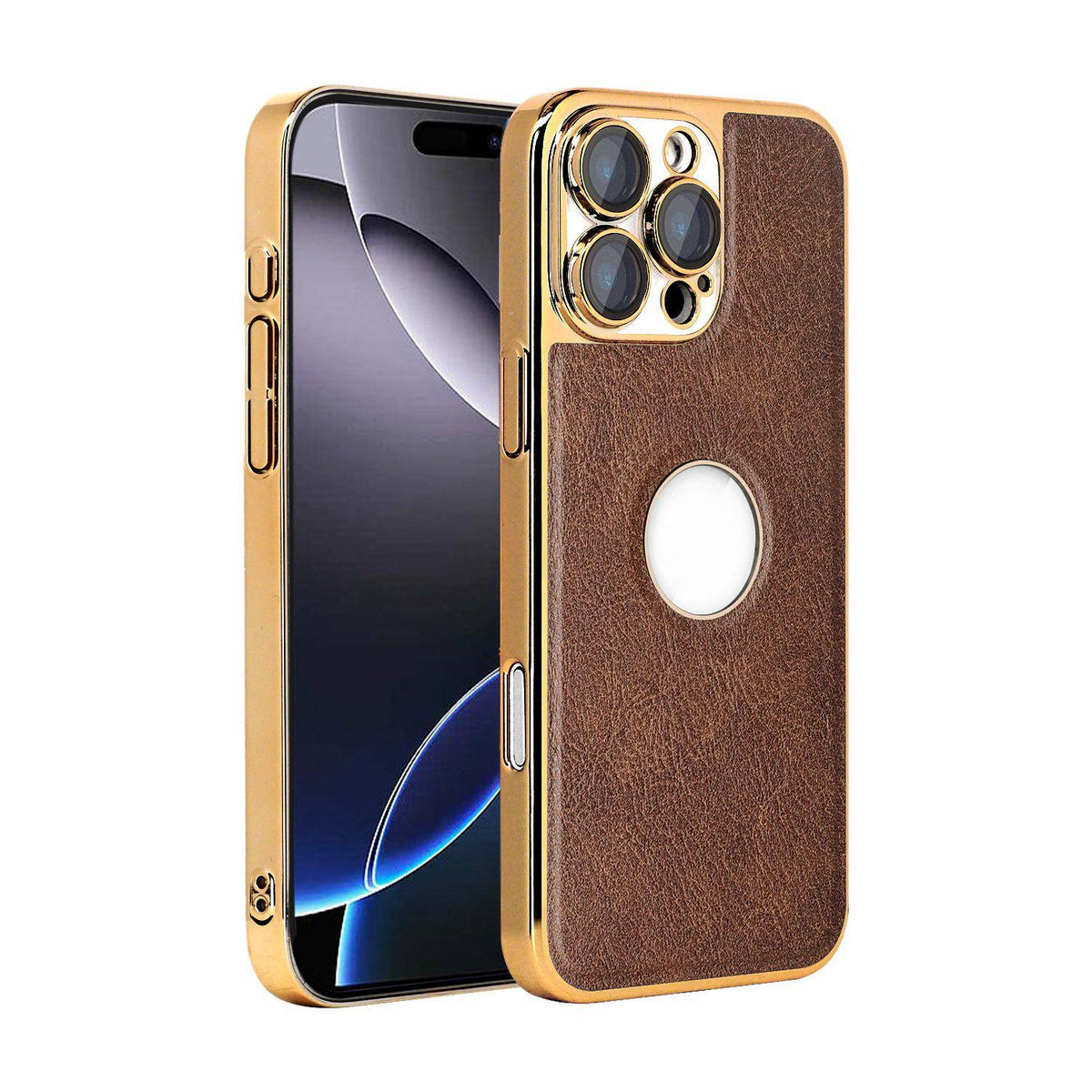 For iPhone 16 Pro Max Cowhide Texture Electroplated Frame PC + Vegan Leather Phone Case - Brown - EDA009689005D