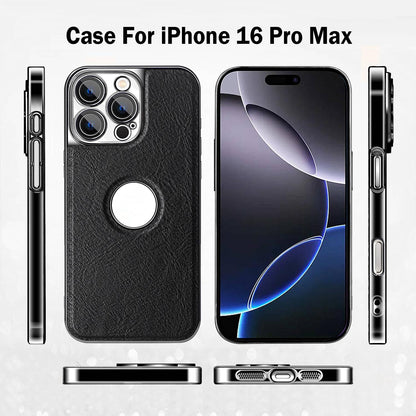 For iPhone 16 Pro Max Cowhide Texture Electroplated Frame PC + Vegan Leather Phone Case - Brown - EDA009689005D