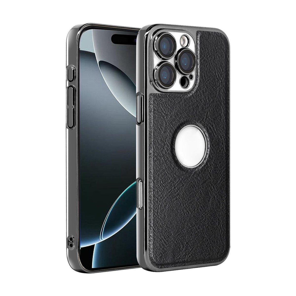 For iPhone 16 Pro Cowhide Texture Electroplated Frame PC + Vegan Leather Phone Case - Black - EDA009689006A