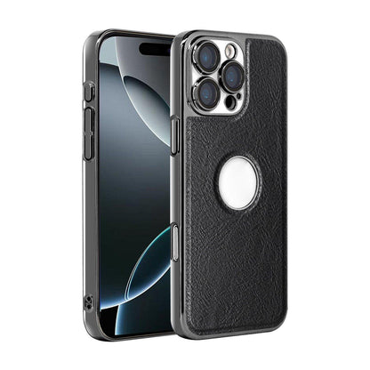 For iPhone 16 Pro Cowhide Texture Electroplated Frame PC + Vegan Leather Phone Case - Black - EDA009689006A