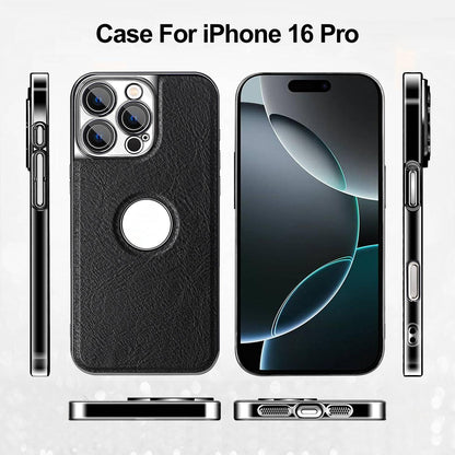 For iPhone 16 Pro Cowhide Texture Electroplated Frame PC + Vegan Leather Phone Case - Black - EDA009689006A