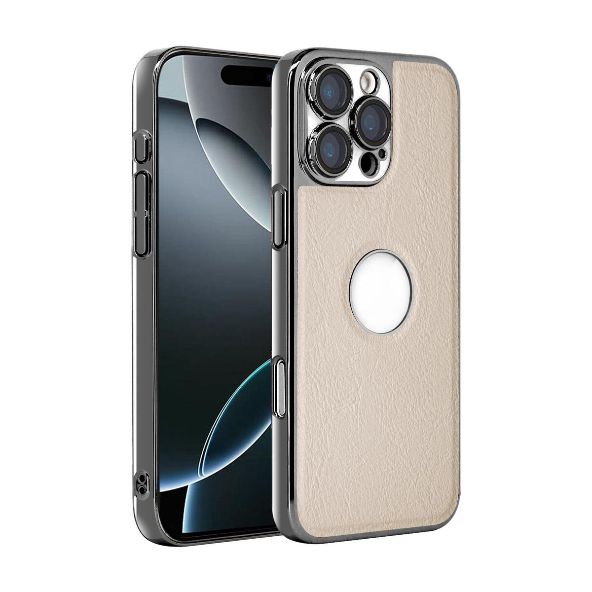 For iPhone 16 Pro Cowhide Texture Electroplated Frame PC + Vegan Leather Phone Case - White - EDA009689006B